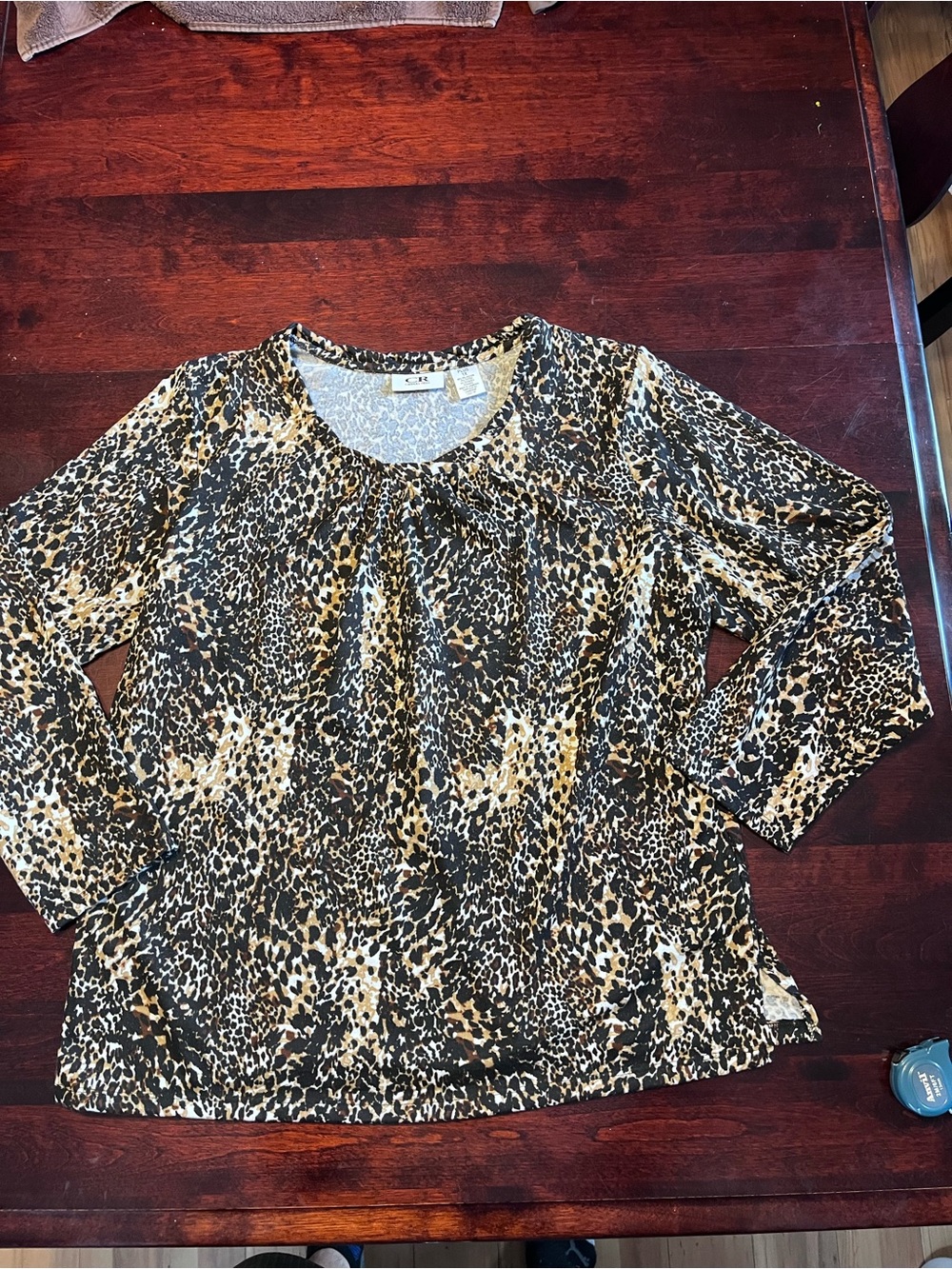 Chico's Leopard-Print Long Sleeve Scoop Neck Top in Black & Brown